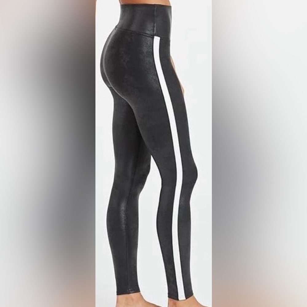 SPANX Black Faux-Leather Leggings with White Side Stripe - Picture 9 of 11